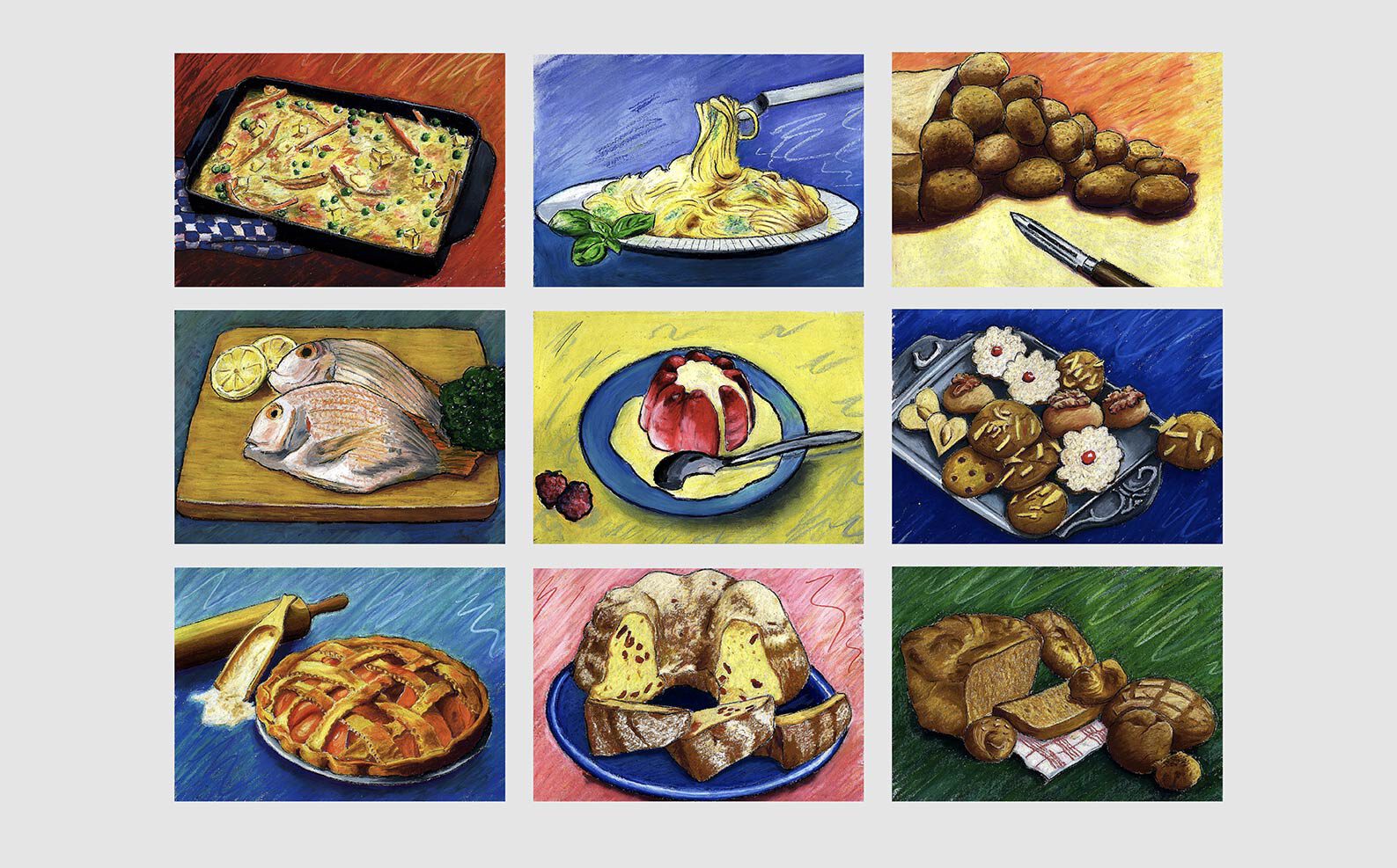 neun Ölpastellkreide-Zeichnungen: Aufläufe, Nudel-, Kartoffelgerichte, Fisch, Fleisch, Plätzchen, Kuchen, Brot 