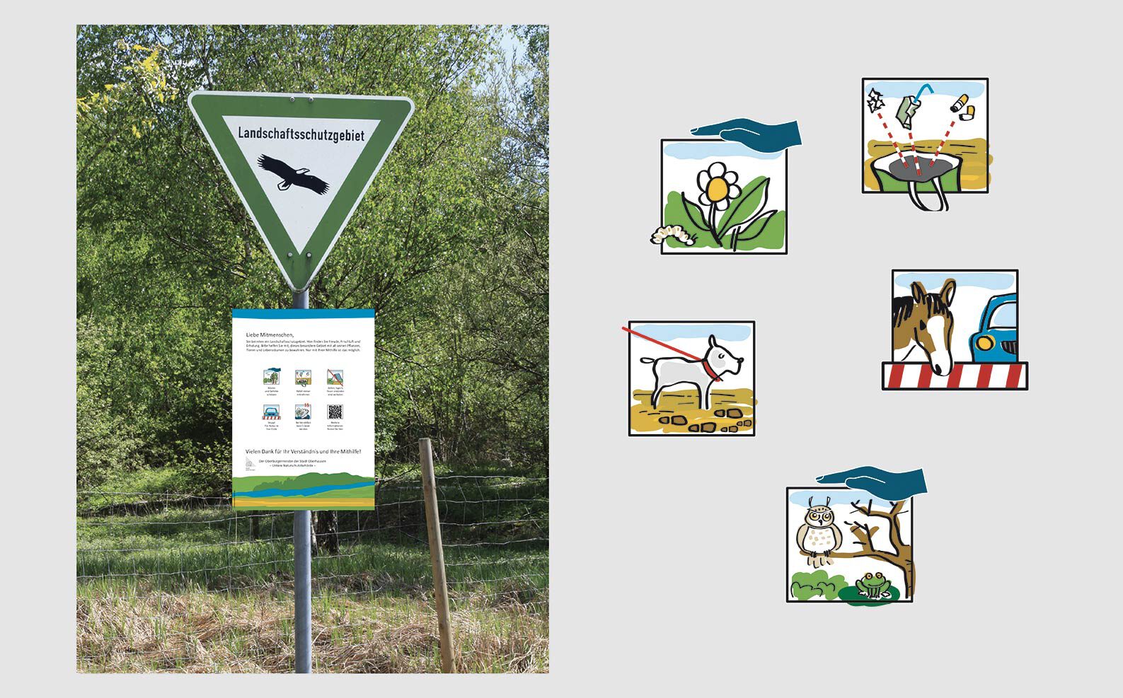 komplettes Schild und fünf einzelne Naturschutz-Illustrationen als Piktogramme
