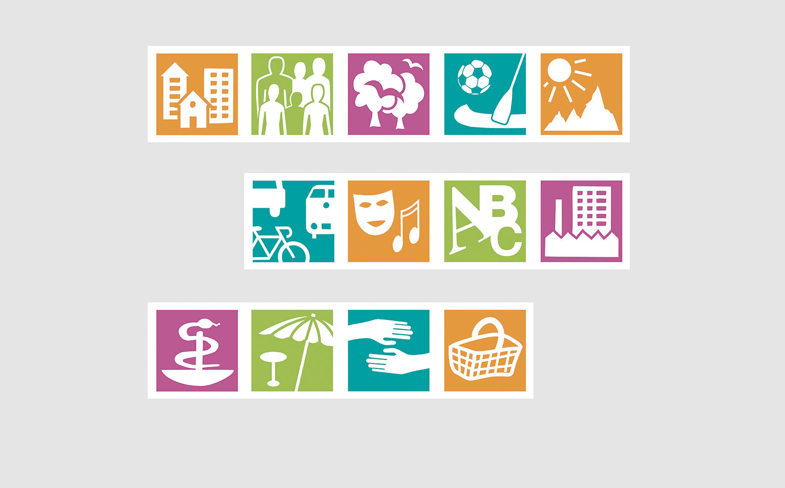 Piktogramme: Wohnen, Zusammenleben, Grün, Sport, Umwelt, Verkehr, Kultur, Bildung, Industrie, Medizin, Freizeit, Soziales, Nahversorgung